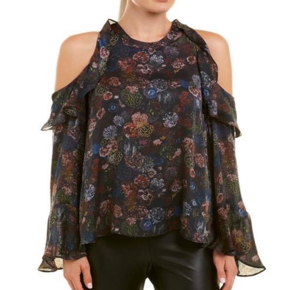 IRO Ciclan Cold Shoulder Ruffled Silk Blouse
